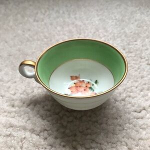 Vintage Limoges Porcelain Teacup – Green & Gold Trim with Fruit Design